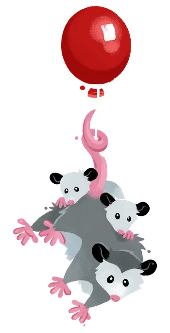 A possum parent and two possum kids hanging from the iconic red balloon